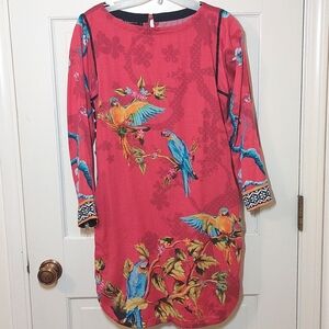 Red cotton parrot-printed kurta swimsuit cover-up with pockets, size S